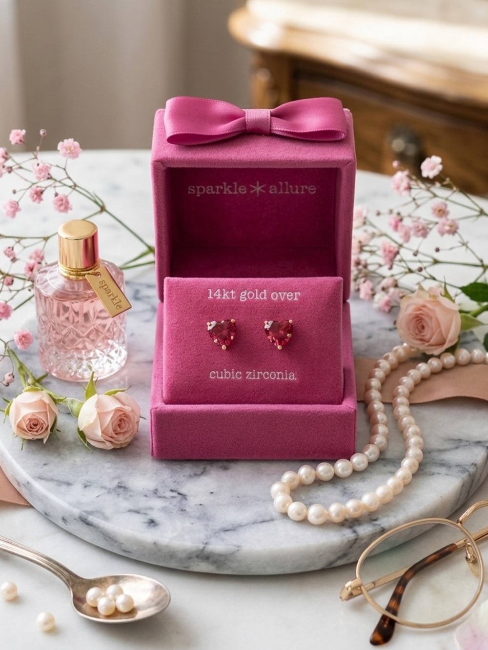 Sparkle Allure Pink Heart Stud Earrings in 14kt Gold Over